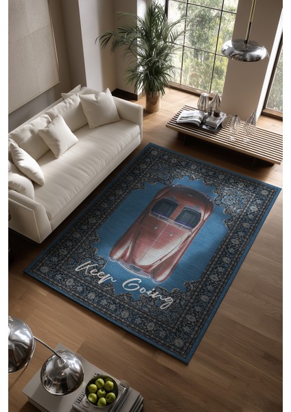 Retro 102 Mavi Gri Vintage Retro Araba Keep Going Yazılı Tasarım Halı Salon Oturma Ev Oda Halısı fiyatları