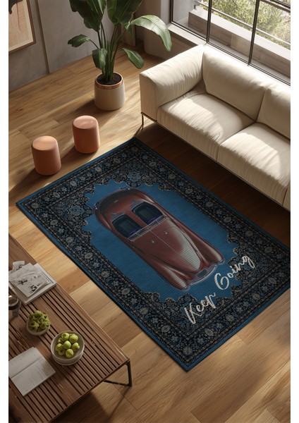 Retro 102 Mavi Gri Vintage Retro Araba Keep Going Yazılı Tasarım Halı Salon Oturma Ev Oda Halısı modelleri