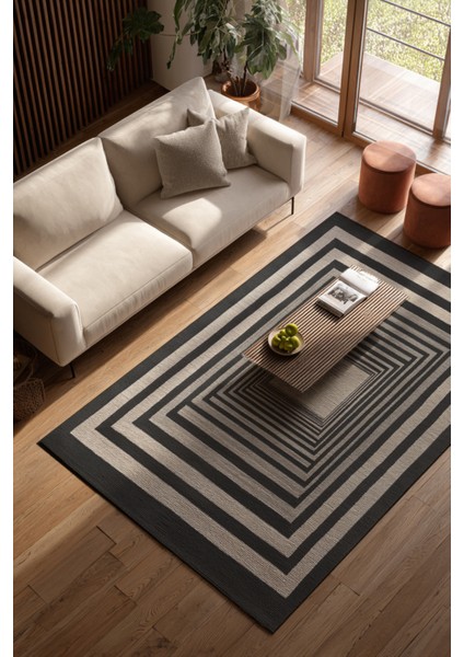 Allure 103 Siyah Bej Çizgili Tasarım Halı Yıkanabilir Halı Ince Kilim Halı Oturma Odası Salon Halısı