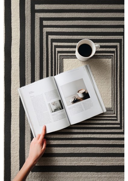 Allure 103 Siyah Bej Çizgili Tasarım Halı Yıkanabilir Halı Ince Kilim Halı Oturma Odası Salon Halısı modelleri