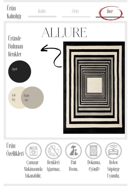 Allure 103 Siyah Bej Çizgili Tasarım Halı Yıkanabilir Halı Ince Kilim Halı Oturma Odası Salon Halısı fırsatları