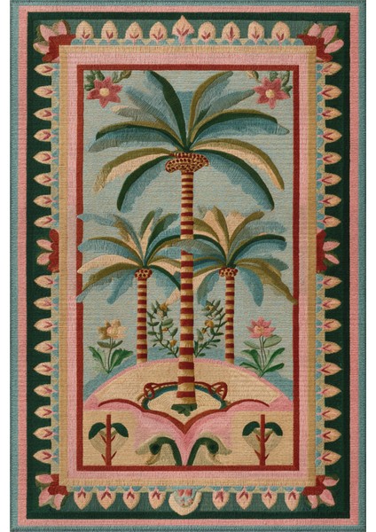 Palm 305 Bej Pembe Palmiye Desenli Modern Yıkanabilir Mutfak Ev Oda Salon Oturma Odası Halısı