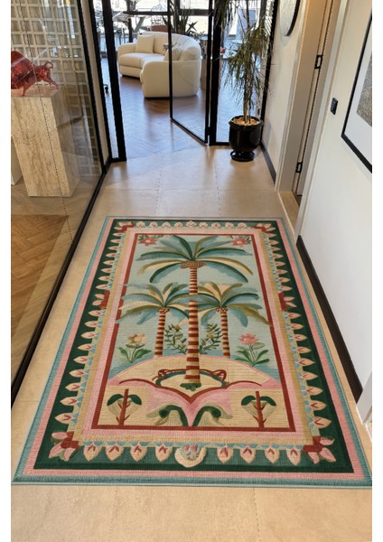 Palm 305 Bej Pembe Palmiye Desenli Modern Yıkanabilir Mutfak Ev Oda Salon Oturma Odası Halısı fiyatları