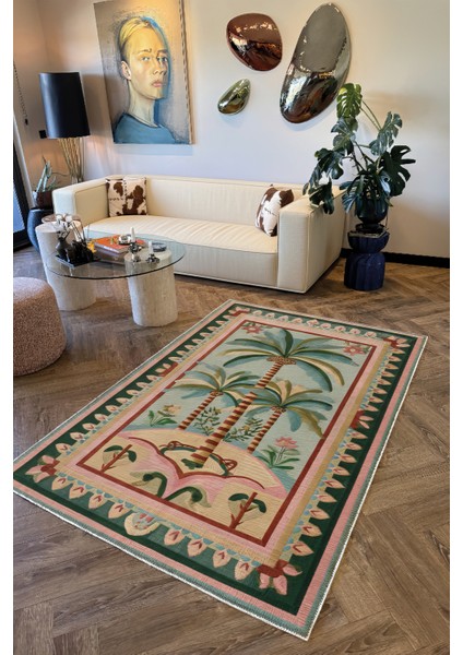 Palm 305 Bej Pembe Palmiye Desenli Modern Yıkanabilir Mutfak Ev Oda Salon Oturma Odası Halısı modelleri