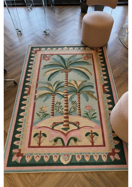 Palm 305 Bej Pembe Palmiye Desenli Modern Yıkanabilir Mutfak Ev Oda Salon Oturma Odası Halısı fırsatları