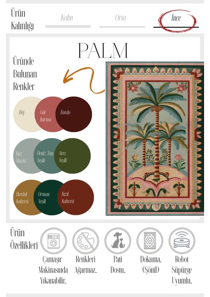 Palm 305 Bej Pembe Palmiye Desenli Modern Yıkanabilir Mutfak Ev Oda Salon Oturma Odası Halısı indirimleri
