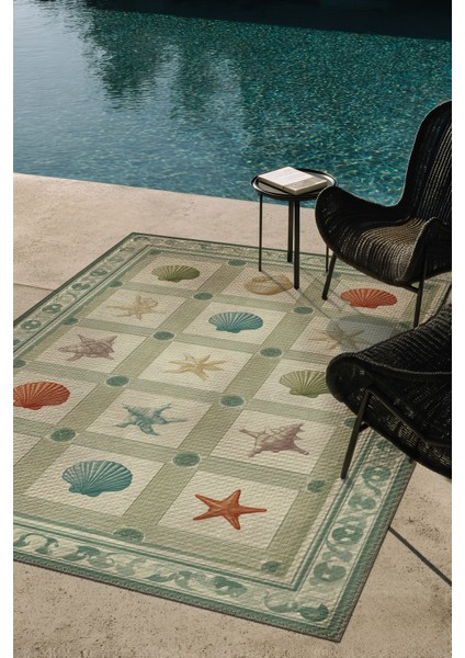 Marine 91 Yeşil Kareli Deniz Ürünleri Tasarımı Yıkanabilir Modern Oturma Odası Ince Oda Salon Halısı