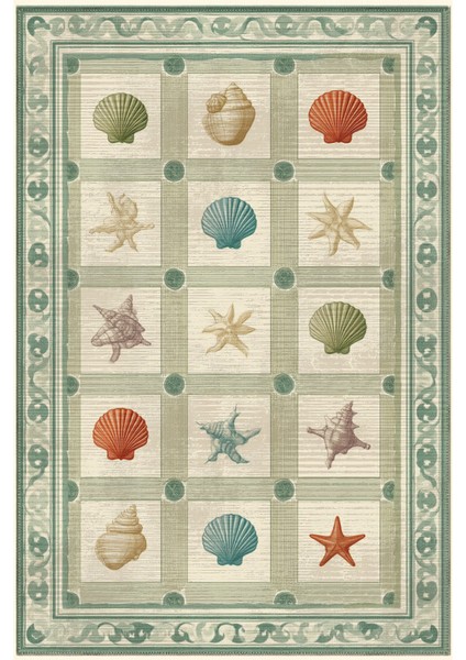 Marine 91 Yeşil Kareli Deniz Ürünleri Tasarımı Yıkanabilir Modern Oturma Odası Ince Oda Salon Halısı fiyatları