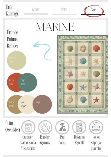 Marine 91 Yeşil Kareli Deniz Ürünleri Tasarımı Yıkanabilir Modern Oturma Odası Ince Oda Salon Halısı modelleri