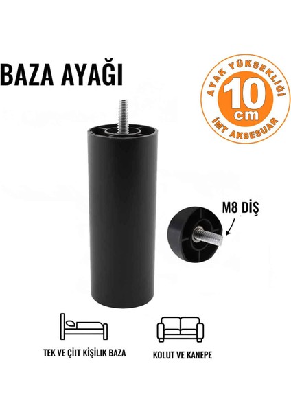 10 cm Siyah M8 Diş Silindir Mobilya Koltuk Kanepe Baza Ayağı