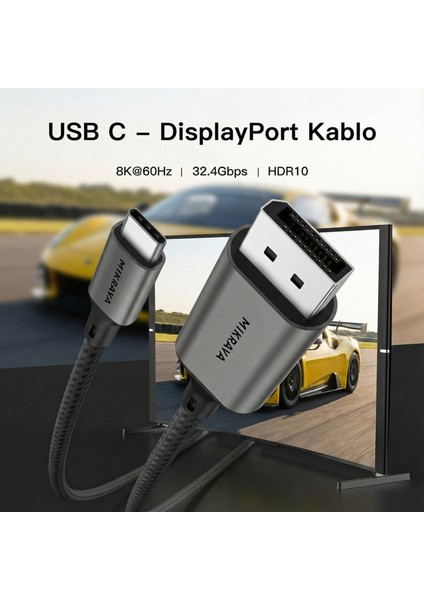 USB C to Displayport Kablo (8K@60Hz, 1080P@240Hz) HDR10 TYPE C to DP 1.4 [Thunderbolt 5/4/3, Dex Mode Uyumlu], iPhone 15/16/17 Pro, MacBook iPad Pro/Air ile Uyumlu 1 Metre