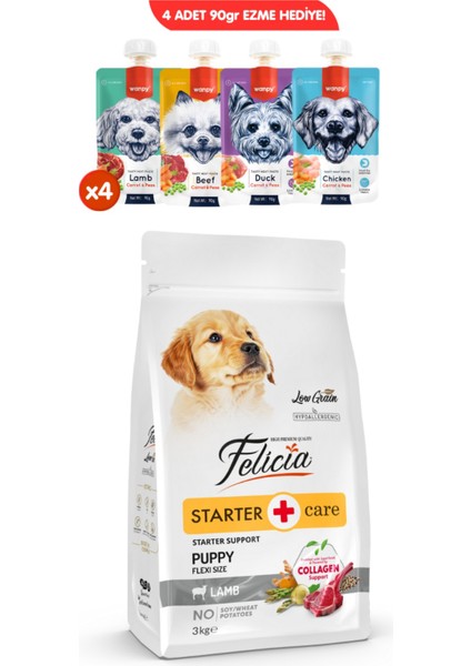 Kolajen Destekli Hipoalerjenik Yavru Kuzulu Köpek Maması 3kg + 4 Adet Wanpy Ezme 90GR