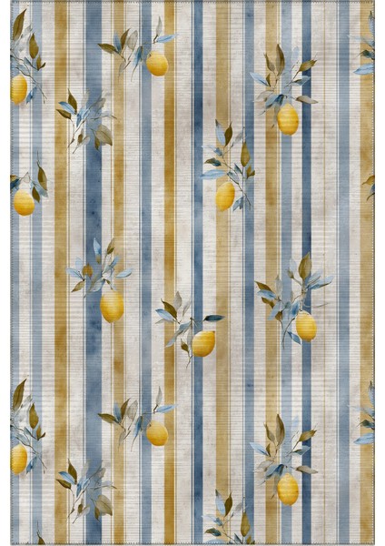 Capri 352 Çizgili Bej Limon Tasarım Modern Yıkanabilir Halı Mutfak Ev Oda Salon Oturma Odası Halısı
