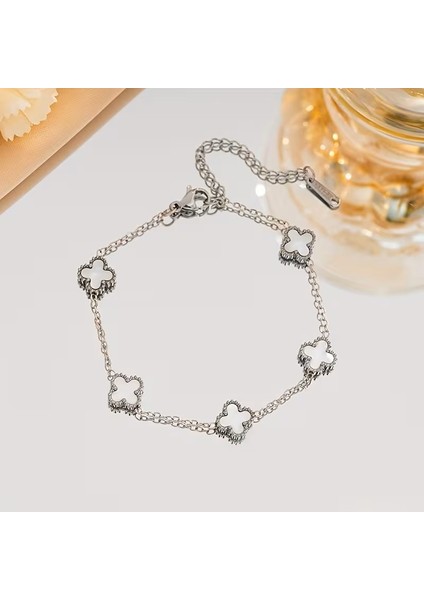 Çelik Bileklik Dört Yapraklı Küçük Yonca Beyaz Sedef Taşlı Uzunluk 18 cm Gümüş