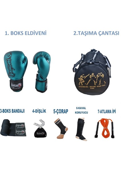 Kıck Boks, Boks, Muay Thai Sporcu Çantalı Antrenman Seti, Dragon Favela Turkuaz Boks Eldiveni Tamset