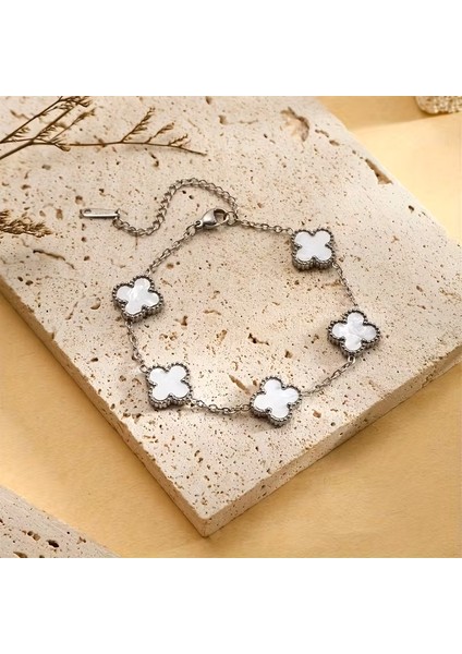 Çelik Bileklik Dört Yapraklı Küçük Yonca Beyaz Sedef Taşlı Uzunluk 18 cm Gümüş fiyatları