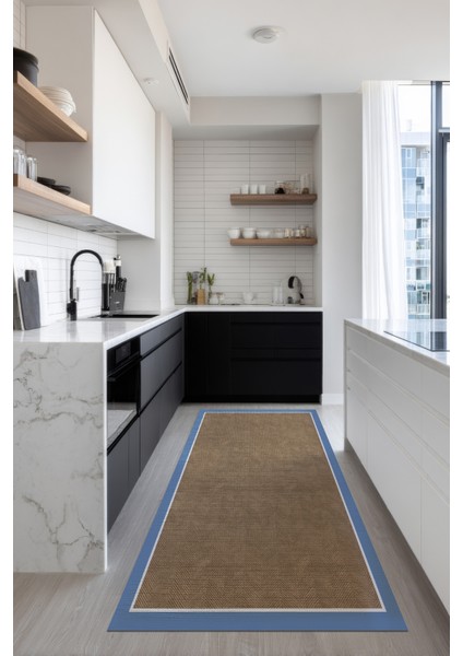 Dotto 203 Mavi Beyaz Bordür Kahverengi Dijital Baskı Hasır Görünüm Kaymaz Taban Yıkanabilir Halı