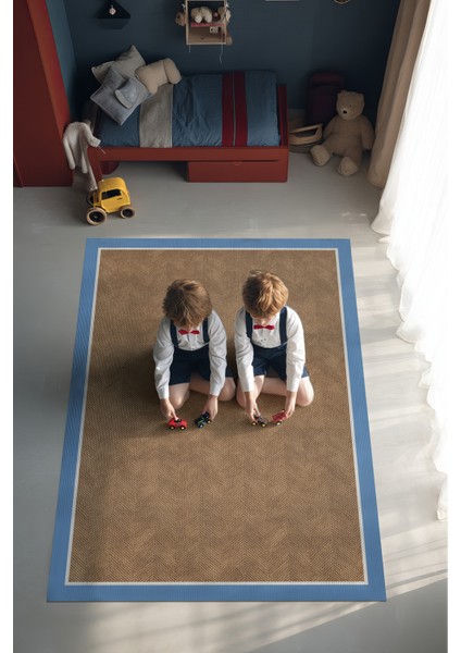 Dotto 203 Mavi Beyaz Bordür Kahverengi Dijital Baskı Hasır Görünüm Kaymaz Taban Yıkanabilir Halı modelleri