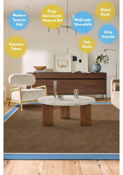 Dotto 203 Mavi Beyaz Bordür Kahverengi Dijital Baskı Hasır Görünüm Kaymaz Taban Yıkanabilir Halı fırsatları