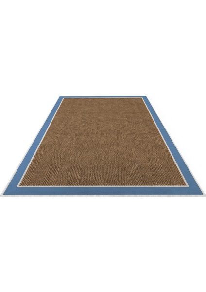 Dotto 203 Mavi Beyaz Bordür Kahverengi Dijital Baskı Hasır Görünüm Kaymaz Taban Yıkanabilir Halı
