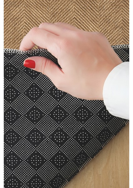 Dotto 203 Mavi Beyaz Bordür Kahverengi Dijital Baskı Hasır Görünüm Kaymaz Taban Yıkanabilir Halı