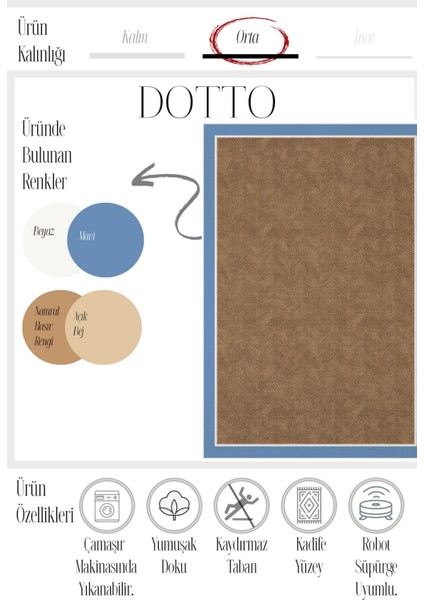 Dotto 203 Mavi Beyaz Bordür Kahverengi Dijital Baskı Hasır Görünüm Kaymaz Taban Yıkanabilir Halı