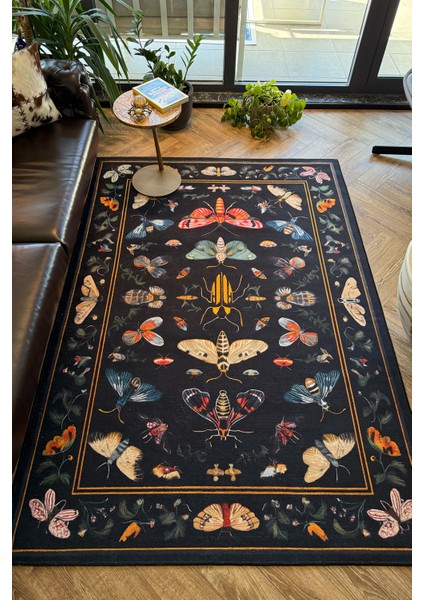 Fiora 218 Siyah Kelebekli Çiçekli Halı Tasarım Modern Oturma Odası Ince Yazlık Ev Oda Salon Halısı