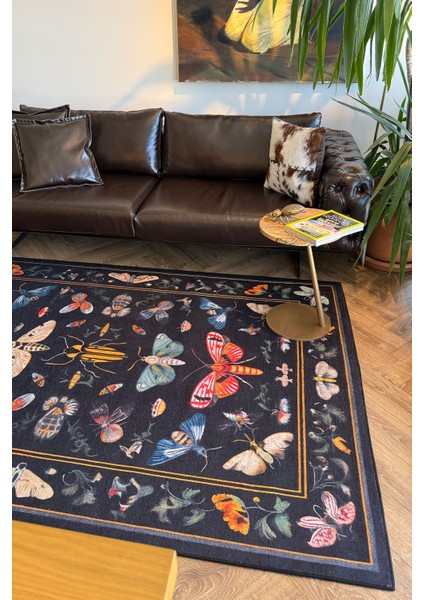 Fiora 218 Siyah Kelebekli Çiçekli Halı Tasarım Modern Oturma Odası Ince Yazlık Ev Oda Salon Halısı fırsatları