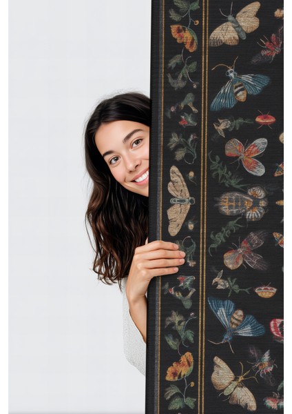 Fiora 218 Siyah Kelebekli Çiçekli Halı Tasarım Modern Oturma Odası Ince Yazlık Ev Oda Salon Halısı