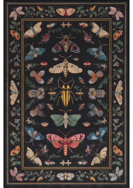 Fiora 218 Siyah Kelebekli Çiçekli Halı Tasarım Modern Oturma Odası Ince Yazlık Ev Oda Salon Halısı