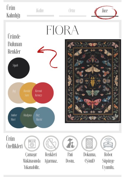 Fiora 218 Siyah Kelebekli Çiçekli Halı Tasarım Modern Oturma Odası Ince Yazlık Ev Oda Salon Halısı