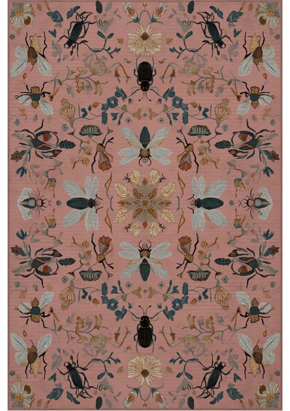 Fiora 228 Pembe Kelebek Desenli Yıkanabilir Çiçekli Halı Dokuma Taban Salon Oturma Odası Halısı