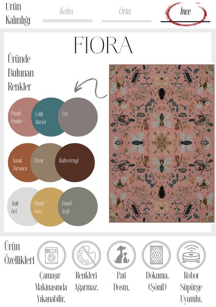 Fiora 228 Pembe Kelebek Desenli Yıkanabilir Çiçekli Halı Dokuma Taban Salon Oturma Odası Halısı fiyatları