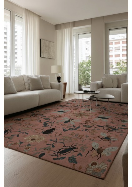 Fiora 228 Pembe Kelebek Desenli Yıkanabilir Çiçekli Halı Dokuma Taban Salon Oturma Odası Halısı modelleri
