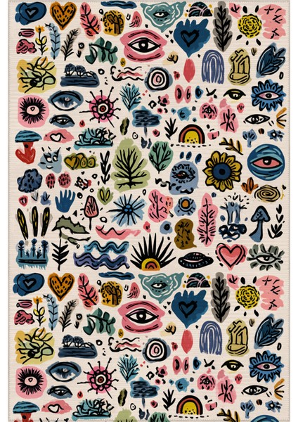 Auro 303 Renkli Bej Göz El Çizimi Tasarım Modern Yıkanabilir Halı Koridor Hol Oda Ev Halısı