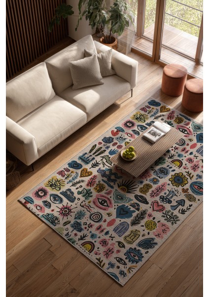 Auro 303 Renkli Bej Göz El Çizimi Tasarım Modern Yıkanabilir Halı Koridor Hol Oda Ev Halısı fiyatları