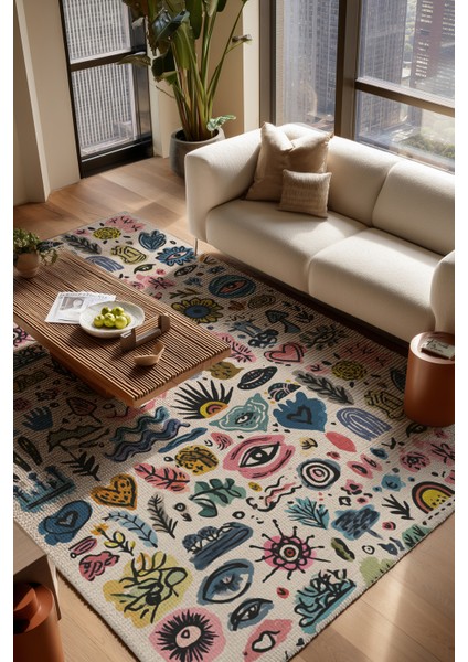 Auro 303 Renkli Bej Göz El Çizimi Tasarım Modern Yıkanabilir Halı Koridor Hol Oda Ev Halısı modelleri