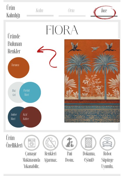 Pera 601 Turuncu Palmiyeli Bohem Halı Renkli Halı Ince Kilim Halı Hol Yolluk Ev Oda Salon Halısı modelleri