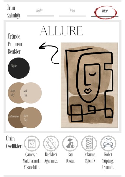 Allure 102 Siyah Bej Yüz Tasarım Halı Yıkanabilir Halı Ince Kilim Halı Oturma Odası Salon Halısı indirimleri