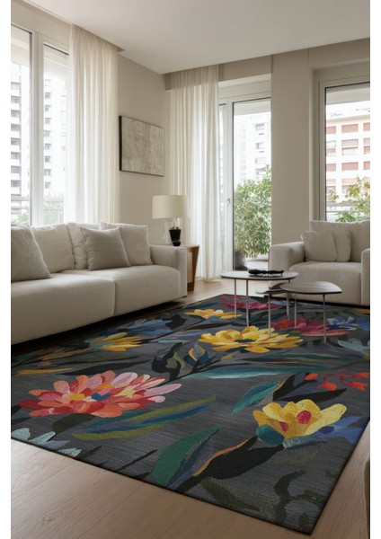 Fiora 231 Gri Renkli Çiçekli Modern Halı Yıkanabilir Dokuma Taban Salon Mutfak Oturma Odası Halısı