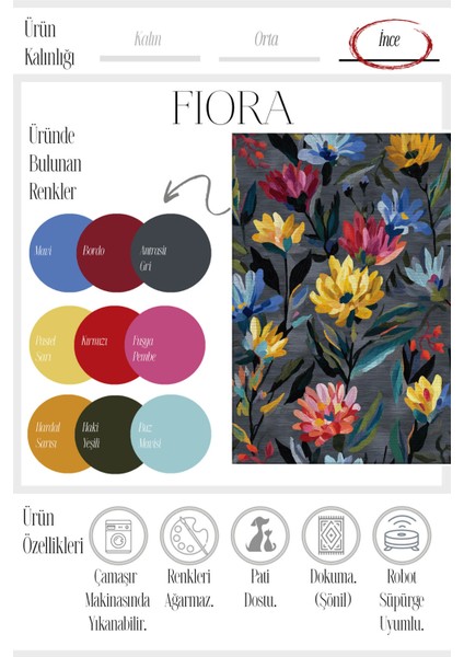 Fiora 231 Gri Renkli Çiçekli Modern Halı Yıkanabilir Dokuma Taban Salon Mutfak Oturma Odası Halısı modelleri