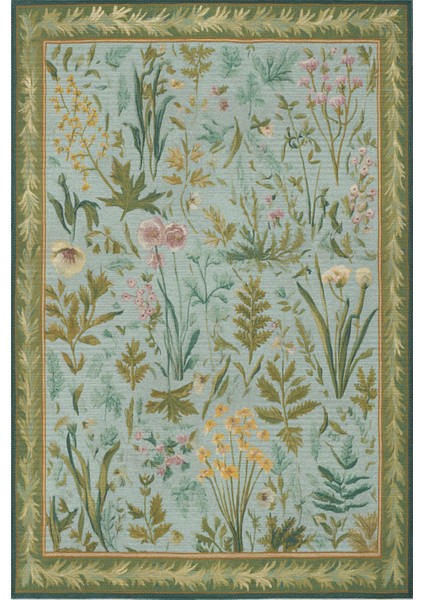 Garden 800 Yeşil Bordürlü Çiçekli Halı Tasarım Halı Yıkanabilir Ince Halı Oturma Odası Salon Halısı