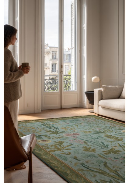 Garden 800 Yeşil Bordürlü Çiçekli Halı Tasarım Halı Yıkanabilir Ince Halı Oturma Odası Salon Halısı fiyatları