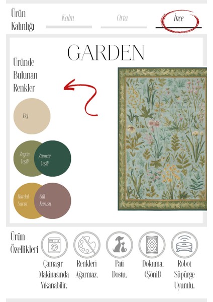 Garden 800 Yeşil Bordürlü Çiçekli Halı Tasarım Halı Yıkanabilir Ince Halı Oturma Odası Salon Halısı modelleri