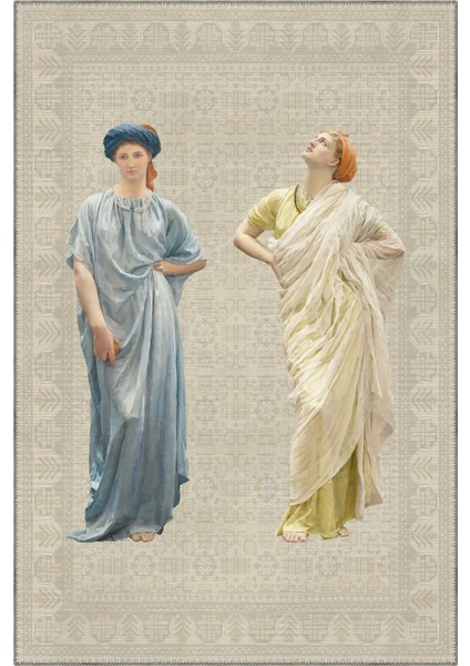 Haliç 305 Bej Afgan Vintage Halı Heykel Figürlü Yıkanabilir Dekoratif Salon Oturma Odası Halısı