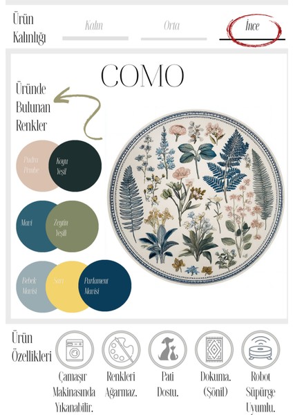 Como 04 Botanik Desenli Yuvarlak Renkli Ince Dokuma Taban Yıkanabilir Mutfak Antre Halısı modelleri