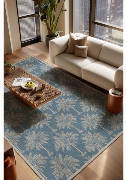 Palm 400 Mavi Beyaz Palmiye Tasarım Halı Yıkanabilir Halı Mutfak Ev Oda Salon Oturma Odası Halısı fiyatları