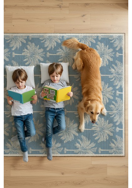 Palm 400 Mavi Beyaz Palmiye Tasarım Halı Yıkanabilir Halı Mutfak Ev Oda Salon Oturma Odası Halısı modelleri