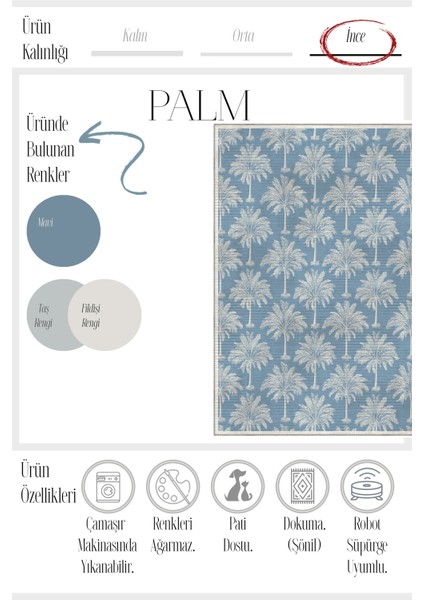 Palm 400 Mavi Beyaz Palmiye Tasarım Halı Yıkanabilir Halı Mutfak Ev Oda Salon Oturma Odası Halısı