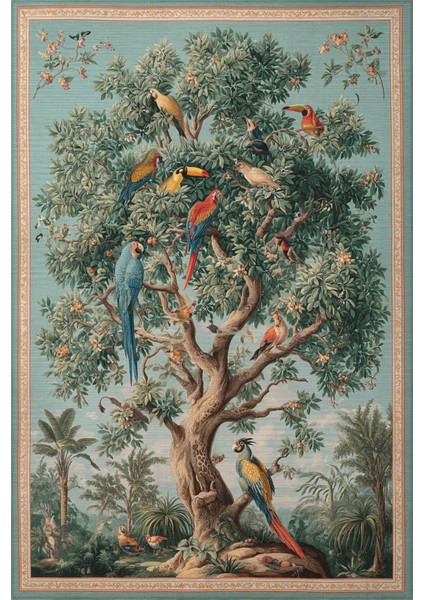 Rafel 901 Mavi Yeşil Ağaç Çiçekli Halı Yıkanabilir Ince Dokuma Yolluk Salon Oturma Odası Halısı